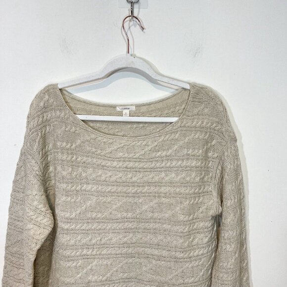Caslon Sweater M Wool Blend Cable Open Knit Beige Boat Neck Pullover Size Medium - Picture 5 of 10